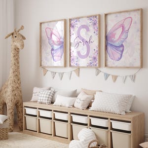 Personalized Watercolor Purple Butterfly Wall Art – Custom Name Nursery & Bedroom Decor – 3-Piece Digital Print Set - Butterfly Nursery Art