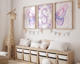 Personalized Watercolor Purple Butterfly Wall Art – Custom Name Nursery & Bedroom Decor – 3-Piece Digital Print Set - Butterfly Nursery Art