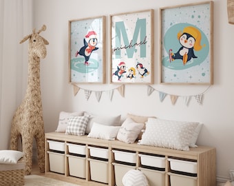 Personalized Penguin Wall Art, baby penguin poster, Set of 3 wall art, Penguin Winter decor, Penguin family printable, Snow Penguin Wall Art