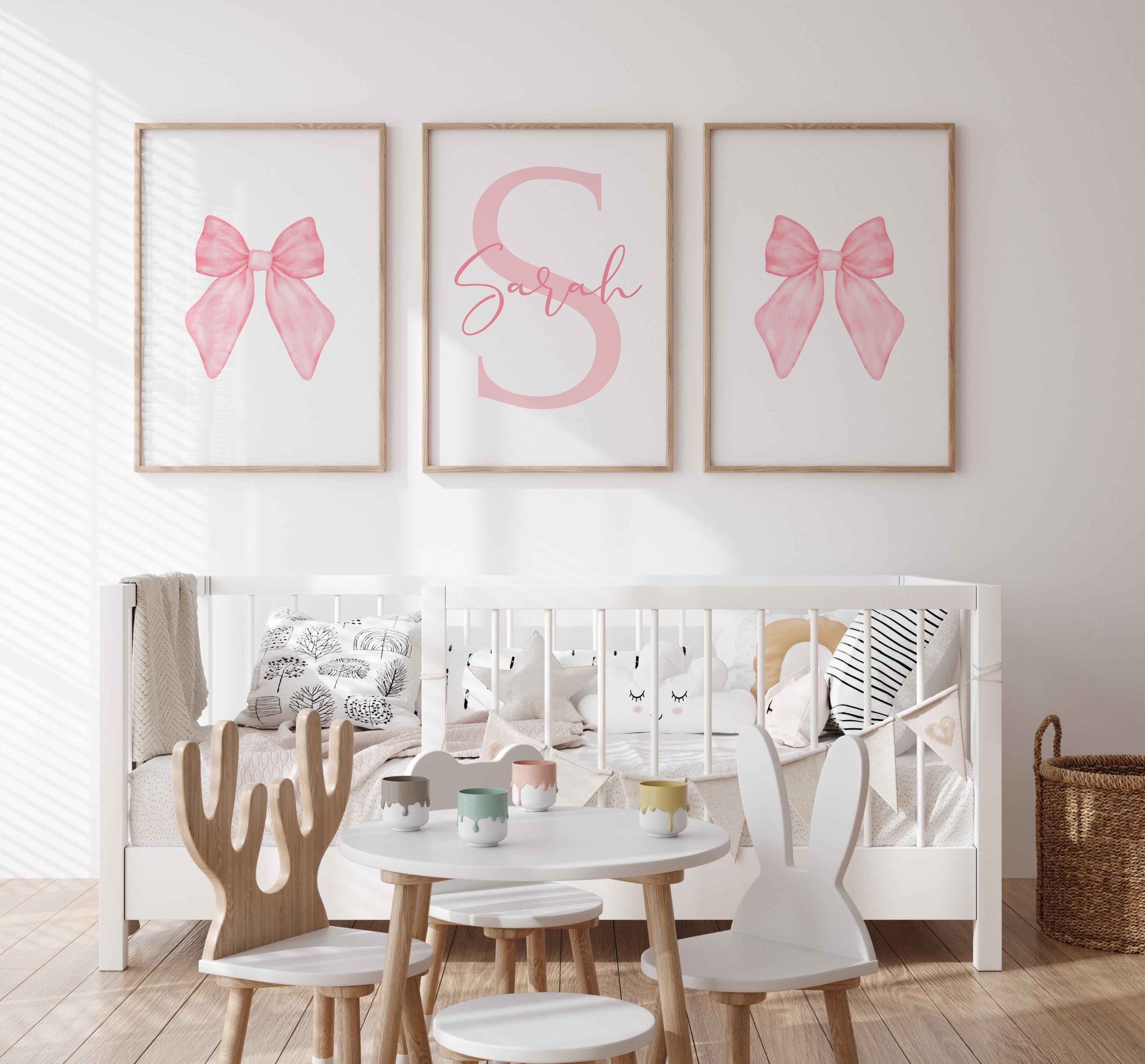 Personalized Pink Watercolor Bow Nursery Wall Art | Cute Set of 3 ...
