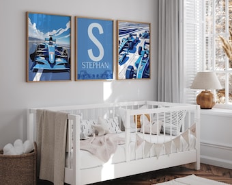 Personalized Blue Formula 1 Car Wall Art - Boys Racing Car Poster Set - Watercolor F1 Race Car Nursery Decor - Custom Name Digital Print