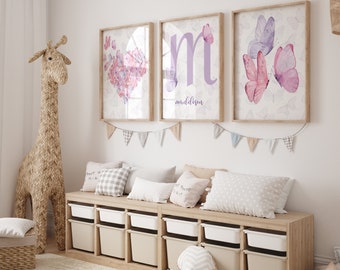 Children's Girl's Room Decoration - Set of 3 Butterfly Posters with Personalized First Name - Personalized Butterfly Triptych - Name Sign