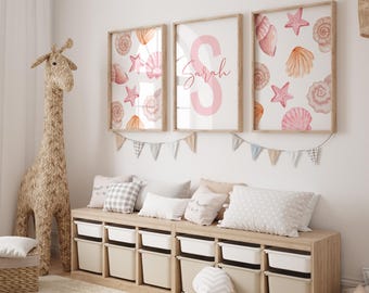 Oyster and Starfish Wall Art for Girls Room – 3 Piece Custom Name Nursery Prints – Editable Seashell Ocean Decor for Baby Girl, Pink Nursery