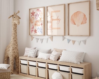 Personalized Seashell Nursery Wall Art for Girls – 3 Piece Custom Name Ocean Shell Prints – Editable Pastel Beach Theme Kids Room Decor