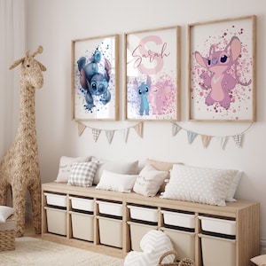 Personalized Lilo & Stitch Nursery Wall Art | Cute Disney Set of 3 | Custom Name Decor for Kids Room - Custom Name Lilo Stitch Nursery Art