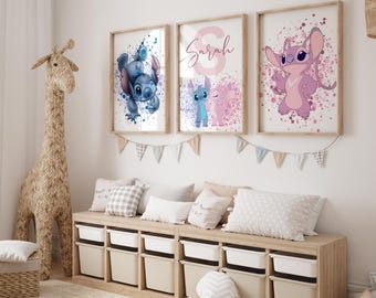 Personalized Lilo & Stitch Nursery Wall Art | Cute Disney Set of 3 | Custom Name Decor for Kids Room - Custom Name Lilo Stitch Nursery Art