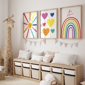 Rainbow Sun Hearts Set of 3 Nursery Art Prints, Weather Nursery Wall Art, Rainbow wall art, Pictures for Girls Room, pink nursery wall art
