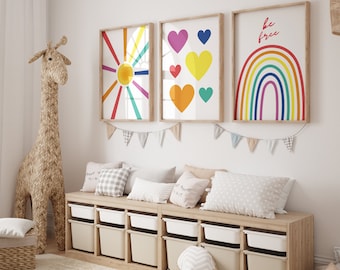 Rainbow Sun Hearts Set of 3 Nursery Art Prints, Weather Nursery Wall Art, Rainbow wall art, Pictures for Girls Room, pink nursery wall art
