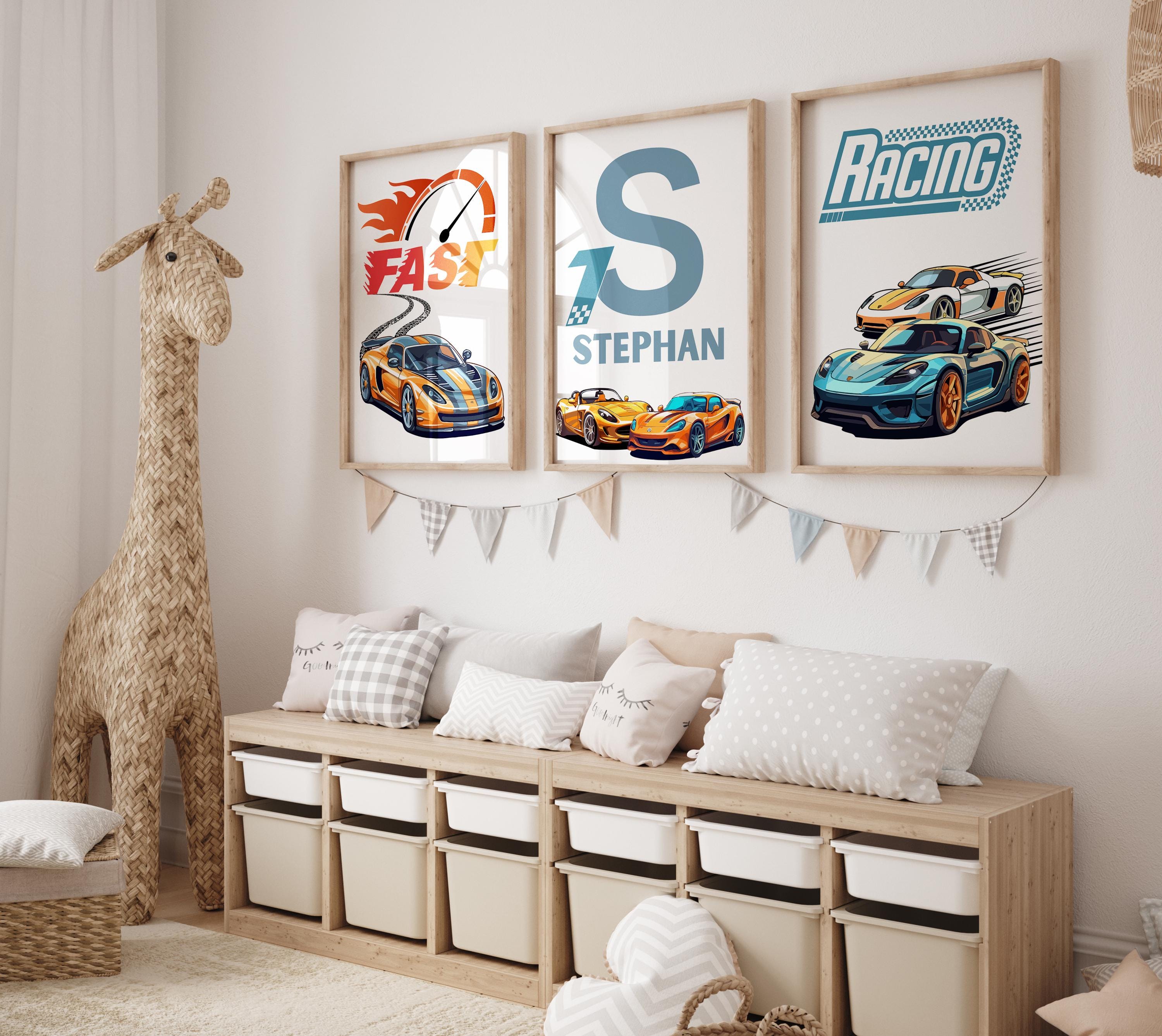 Personalized Sports Car Wall Art for Boys Room | Custom Name Racing Car Decor | Set of 3 Prints | Kids Room Wall Art - Car Nursery Decor