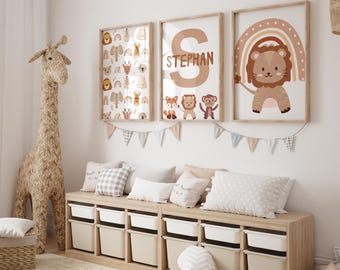 Personalized Safari Animal Wall Art, Lion Themed Nursery Decor, Custom Name Set of 3 for Boys Room - Custom Name Lion Nursery Digital Art