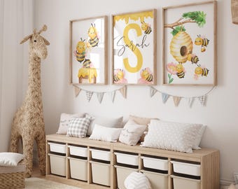 Bee-Themed Watercolor Nursery Wall Art Set | 3-Piece Wall Decor for Kids' Room Inspired by Nature - Bee Nursery - Bee Prints - Bee Art