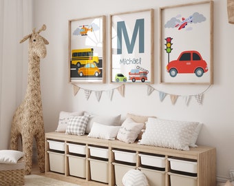 Personalized Set of 3 Car Nursery Decor, Car Babyboy Room Decor, Car Print , Car Nursery Decor, Trafic Lamp Nursery , Custom Name Babyboy