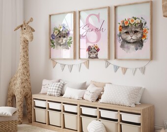 Personalized Cat and Flower Wall Art for Girls Room - Watercolor Nursery Decor, Cute Custom Name Kids Bedroom Artwork, Cat Nursery