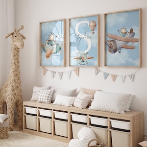 Impressão digital personalizada para berçário de avião, decoração azul para berçário de menino, impressão digital de avião, conjunto de 3 decorações para berçário de menino, aquarela