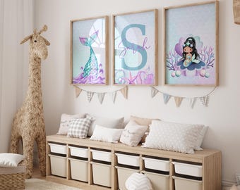 Personalized Set of 3 Mermaid Wall Art Set – Purple Underwater Theme for Girls&#39; Nursery & Bedroom – Custom Name Digital Prints - Mermaid Art