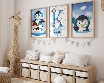 Personalized Penguin Name Sign Nursery Decor, Penguin Nursery , Penguin Wall Art, set of 3 nursery for baby room, nursery home decor , art