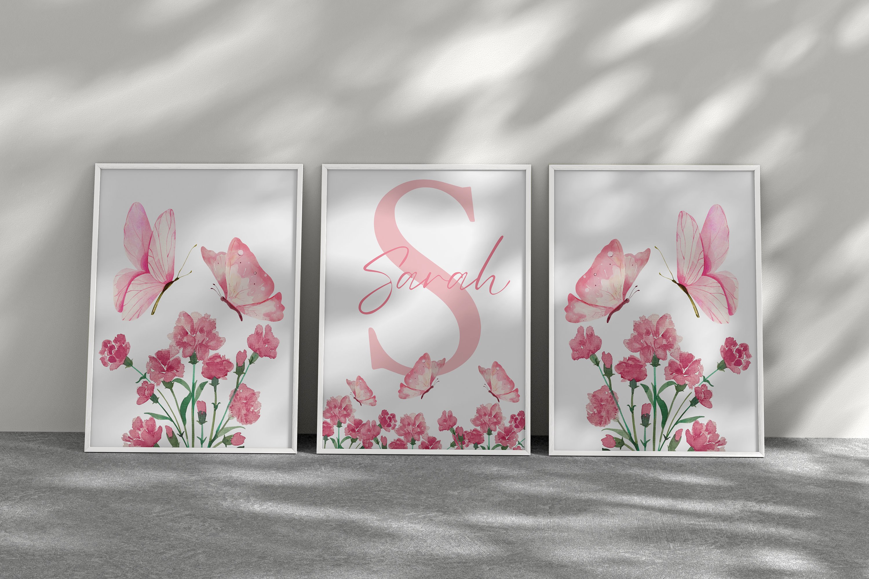 Pink Butterfly and Flower Theme Custom Name Wall Art Set for Girl's ...