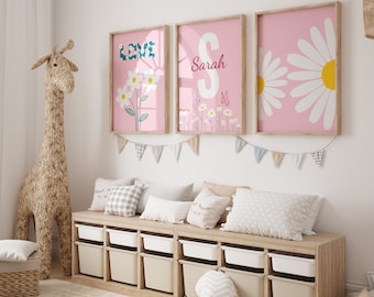 Personalisiertes Set von 3 Gänseblümchen Kinderzimmer Dekor, rosa Gänseblümchen Babygirl Zimmer Dekor, rosa Blumen Kinderzimmer Dekor, Gänseblümchen Liebhaber Kinderzimmer Dekor, Digital