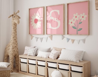 Personalized Pink Daisy Wall Art Set – Set of 3 Daisy Prints for Girls' Nursery or Kids' Room – Soft and Elegant Decor – Instant Download