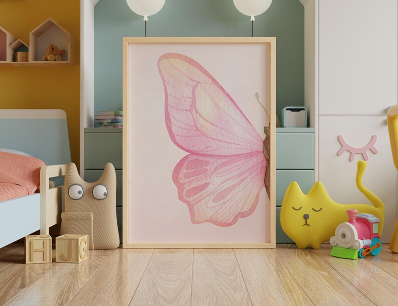 Girls' nursery wall decor with minimalist butterfly design.