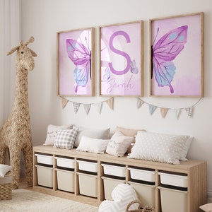 Personalized Purple Butterfly Nursery Art Set - Custom Digital Prints for Girl&#39;s Room Decor, Butterfly Theme Wall Art, Printable Kids Art