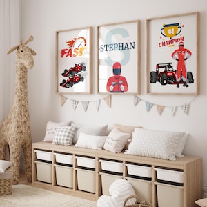 Formula 1 Wall Art for Boys Room, Personalized F1 Racing Car Prints, Set of 3 Kids Room Decor, Digital Motorsport Nursery - Sports Car