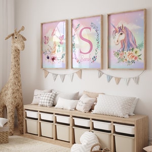 Personalized Unicorn Themed Girl&#39;s Room Decor Set with Flower Details - Custom Name Wall Art Trio for Nursery or Bedroom - Babygirl Nursery