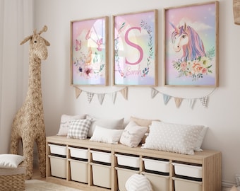 Personalized Unicorn Themed Girl's Room Decor Set with Flower Details - Custom Name Wall Art Trio for Nursery or Bedroom - Babygirl Nursery