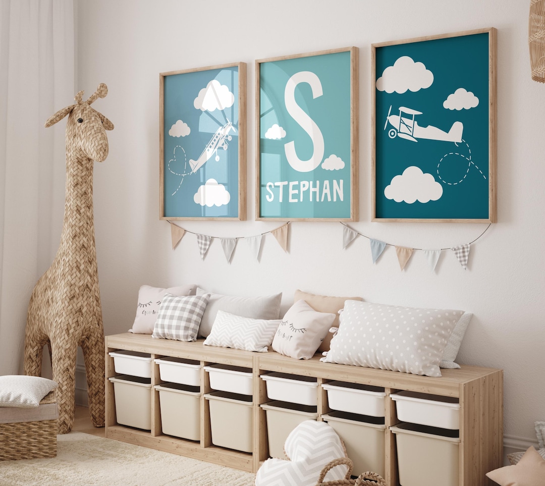 Personalized Airplane Nursery Wall Art for Boys - Custom Set of 3 ...