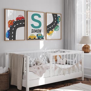 Personalized Car Theme Wall Art for Boys Room | Custom Name 3-Piece Car Nursery Wall Decor | Baby or Toddler Room Decoration - Car Nursery