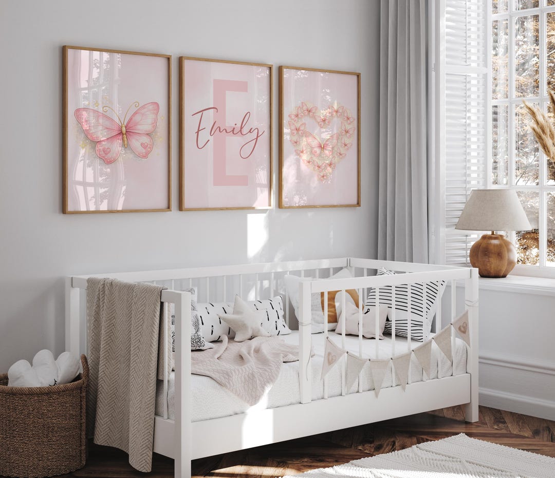 Personalized Pink Butterfly Heart Wall Art • Floral Nursery Prints • 3 ...