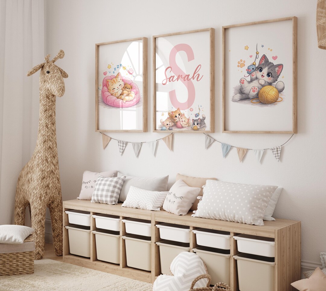 Personalized Cute Cat Wall Art • Sweet Kitten Nursery Prints • 3 Piece ...