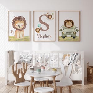 Personalized lion-themed nursery prints for boys' decor.