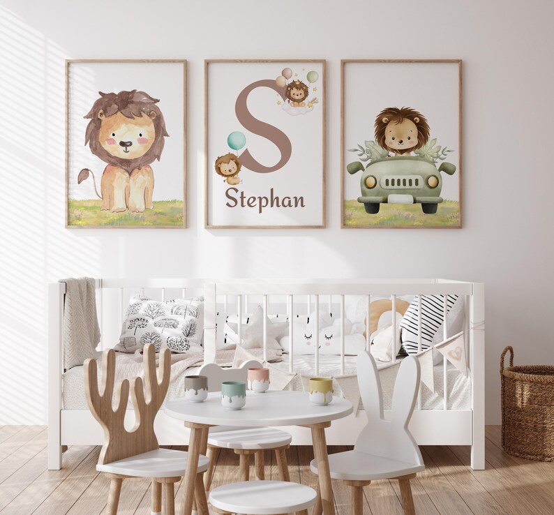 Personalized lion-themed nursery prints for boys' decor.