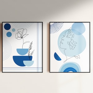 Blue Botanical Wall Art Chinoiserie Wall Art, 2 Piece Wall Decor Minimalist Wall Art, Botanical Print Set, Printable Wall Art Digital Art