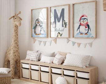 Personalized Set of 3 Penguin Nursery Decor, Watercolor Penguin Nursery Digital, Custom Name Penguin Nursery Digital, Penguin Wall Art