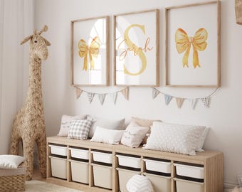 Customizable Yellow Bow Wall Art Set | 3-Piece Digital Design for Girls' Room Decor | Personalize with Name - Orange Bow Nursery Decor Art