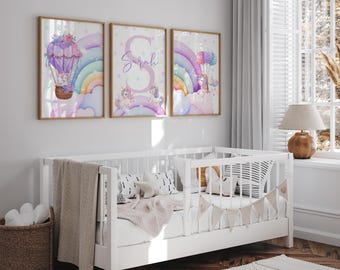 Personalized Purple Unicorn and Rainbow Wall Art - Cute Watercolor Unicorn Poster Set for Girls Room - Custom Name Digital Nursery Decor