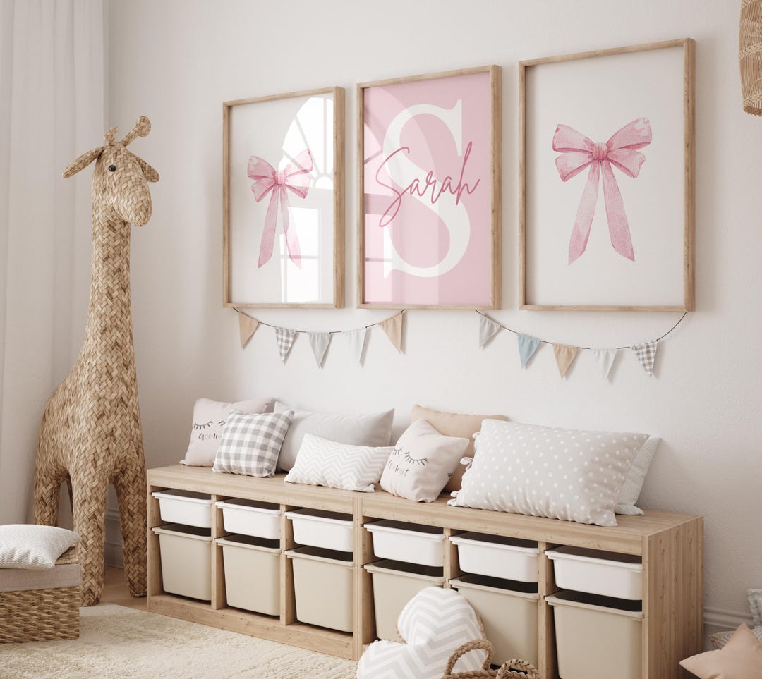 Pink Bow Themed Wall Art Set of 3 for Girls Nursery, Custom Name Prints ...
