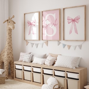 Pink Bow Themed Wall Art Set of 3 for Girls Nursery, Custom Name Prints for Kids Room Decor, Cute Pink Ribbon Digital Prints - Pink Nursery