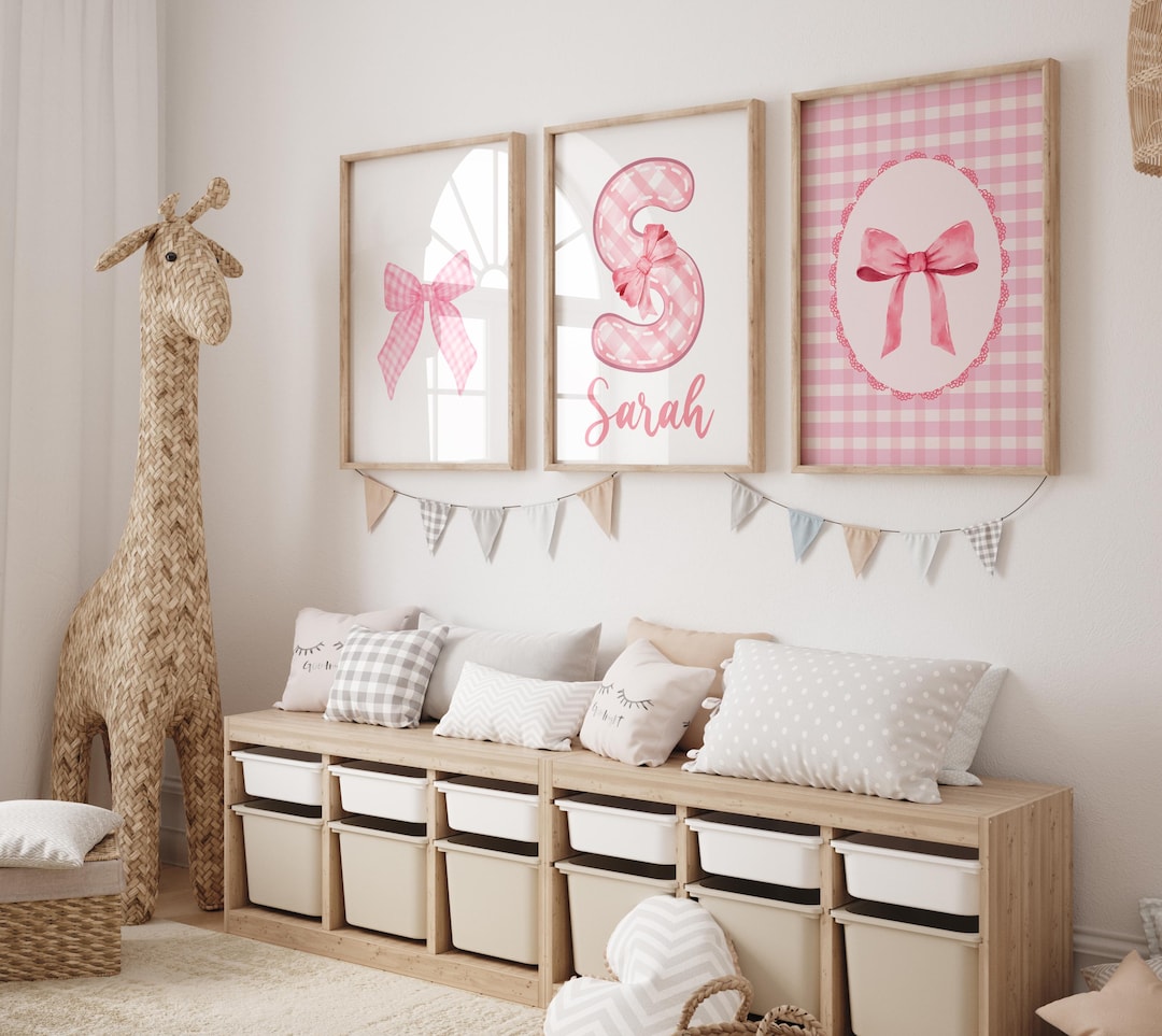 Personalized Pink Vintage Bow Wall Art | Watercolor Nursery Decor Set ...