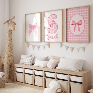 Personalized Pink Vintage Bow Wall Art | Watercolor Nursery Decor Set of 3 | Custom Name Girls Room Decor - Pink Nursery Decor - Bow Nursery