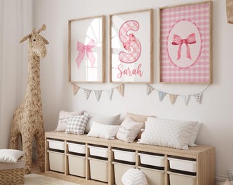 Cuadro decorativo vintage rosa con lazo personalizado / Juego de 3 piezas de decoración infantil en acuarela / Decoración personalizada para habitación de niña con nombre - Decoración infantil rosa - Decoración infantil con lazo