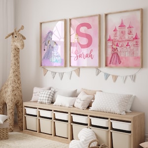 Watercolor Princess-Themed Wall Art Set for Girls’ Room | Custom Name Nursery Decor | Pink 3-Piece Design - Pink Princess Nursery Decor
