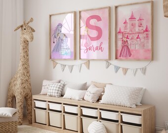 Watercolor Princess-Themed Wall Art Set for Girls’ Room | Custom Name Nursery Decor | Pink 3-Piece Design - Pink Princess Nursery Decor