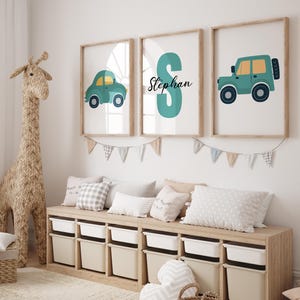 Personalized Blue Car Wall Art for Boys&#39; Bedroom, Custom Digital Prints, Fun and Stylish Race Car Nursery Decor, Set of 3 Blue Nursery Art