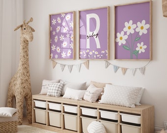 Personalized Set of 3 Purple Daisy Wall Art, Daisy Wall Art, Purple Nursery Decor, Sage Daisy Nursery, Name Sign Daisy Wall Art,Nursery Name