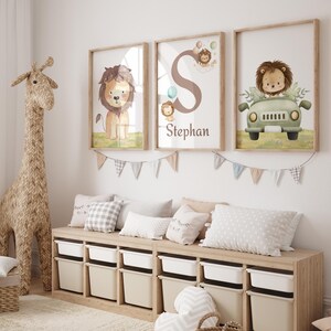 Jungle safari lion wall art set for boys' rooms.