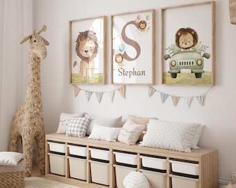Personalized Set of 3 Lion Wall Art for Boys’ Room, Custom Name, Nursery Decor, Kids Room Art, Custom Name Jungle Theme Nursery Prints,