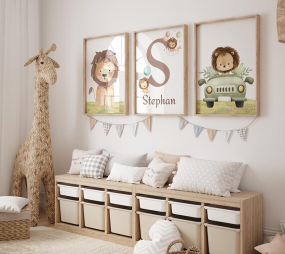 Personalized Set of 3 Lion Wall Art for Boys’ Room, Custom Name, Nursery Decor, Kids Room Art, Custom Name Jungle Theme Nursery Prints,